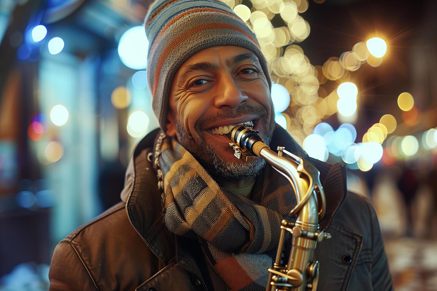 A man is smiling while playing a saxophone photo