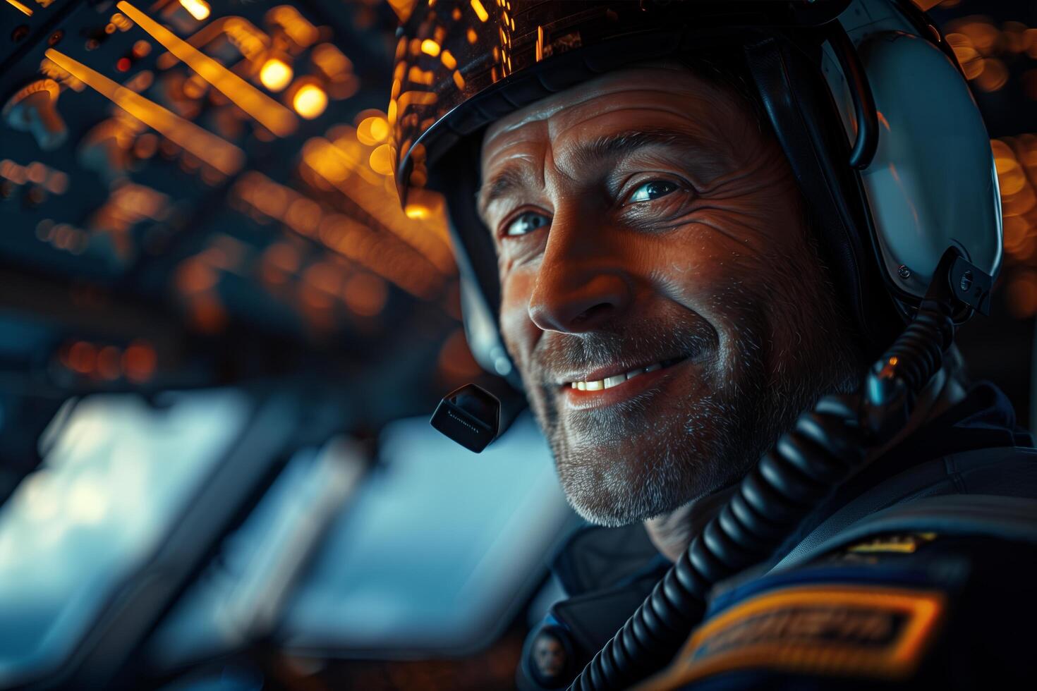 A man in a pilot's helmet smiling in the cockpit photo