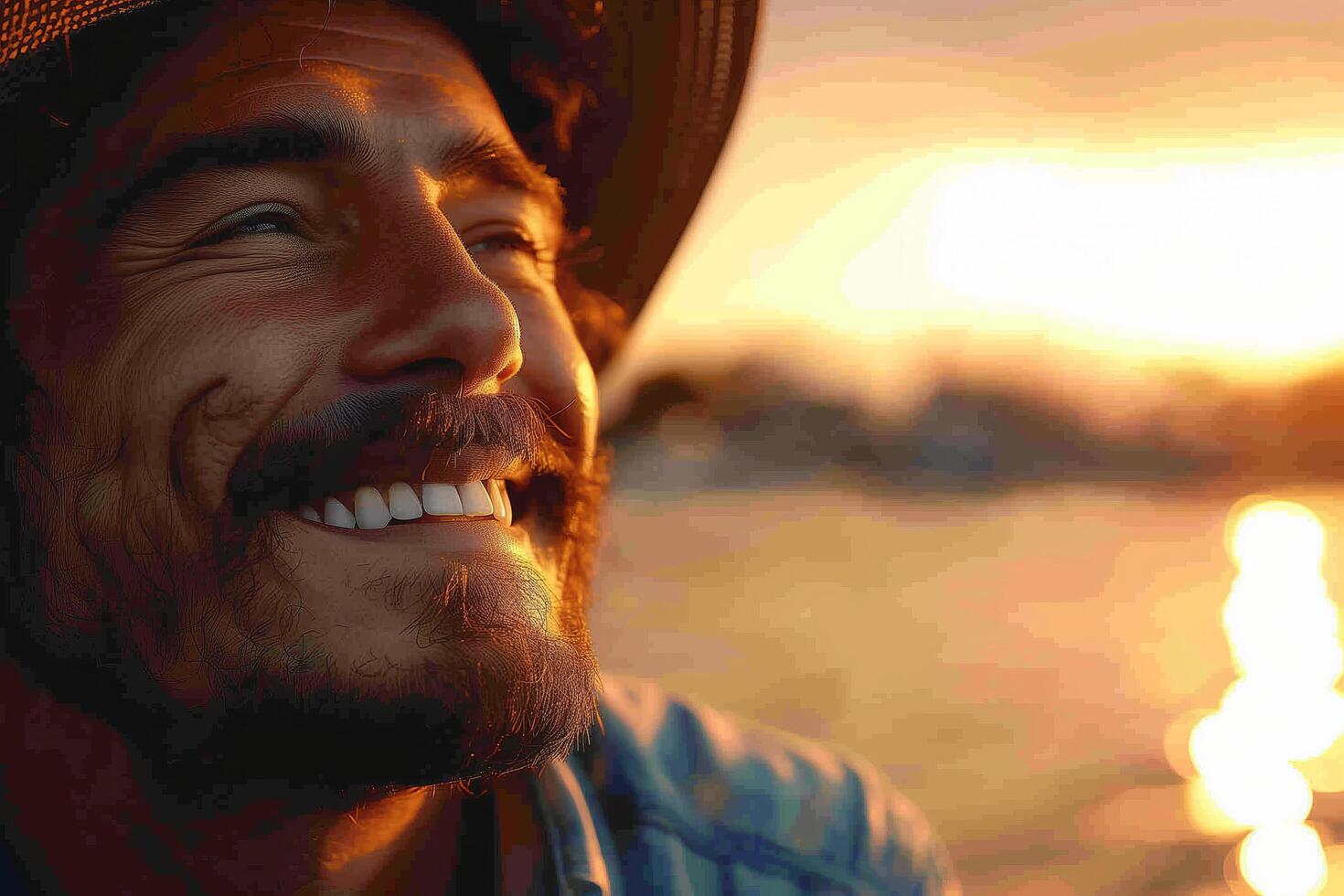 A man with a hat on smiling at the sun photo