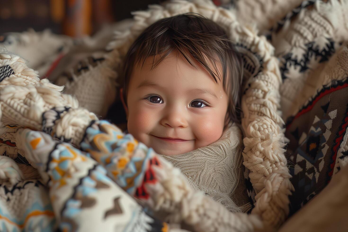 A baby is wrapped in a blanket and smiling photo