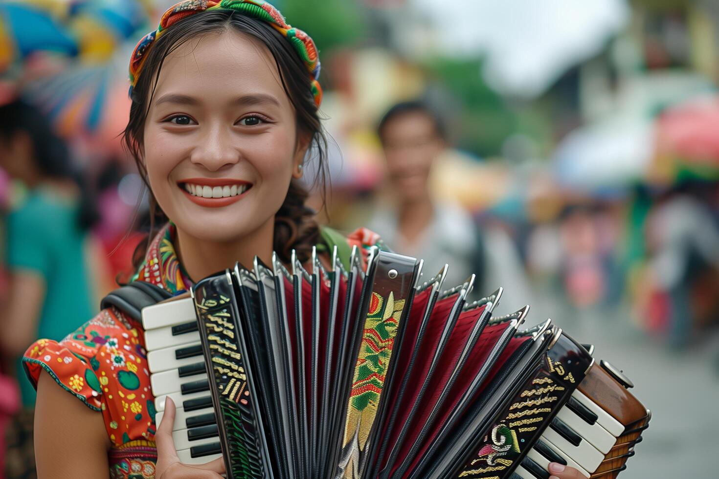 A woman smiles while holding an accordion photo