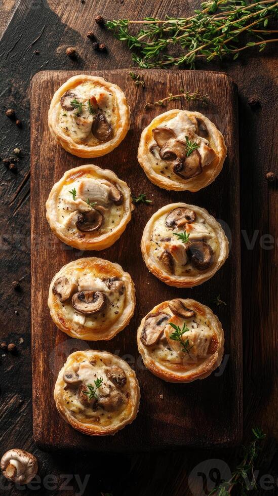 Mini chicken and mushroom quiches on a rustic wooden board with fresh herbs photo