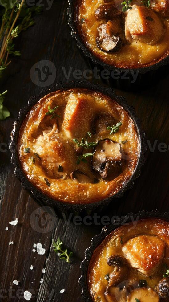 Savory mini chicken and mushroom quiches in dark fluted molds, perfect for cozy gatherings or elegant brunches photo
