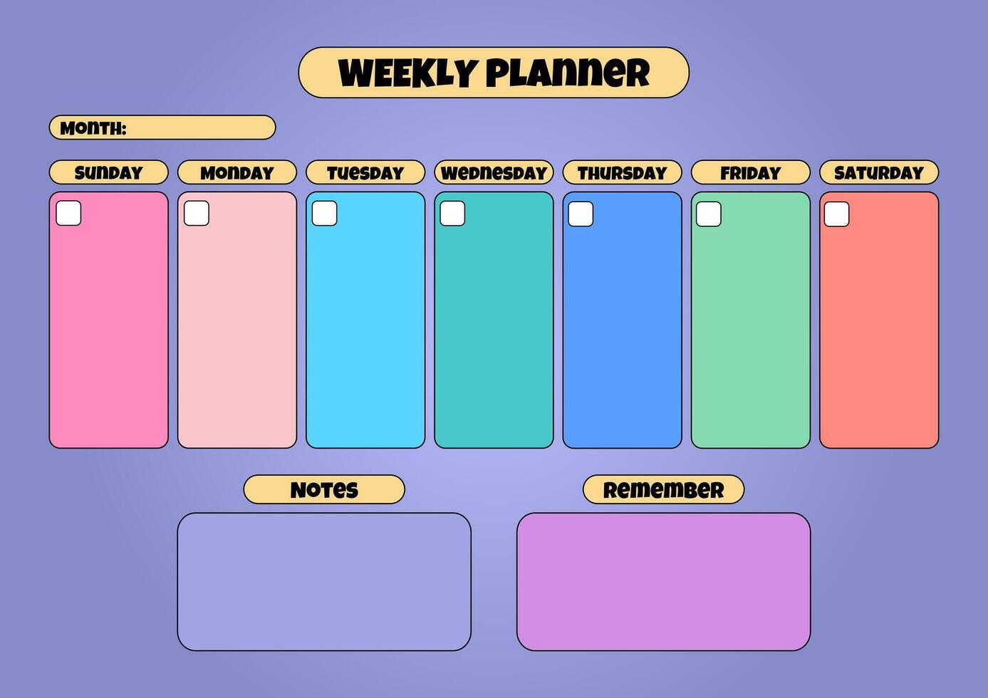 Vibrant weekly planner template with colorful day sections, notes, and reminder boxes on a gradient purple background. vector