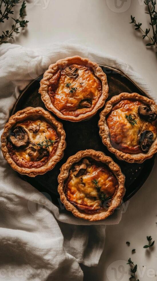 Mini chicken and mushroom quiches gracefully suspended above a soft linen backdrop creating an inviting editorial look photo