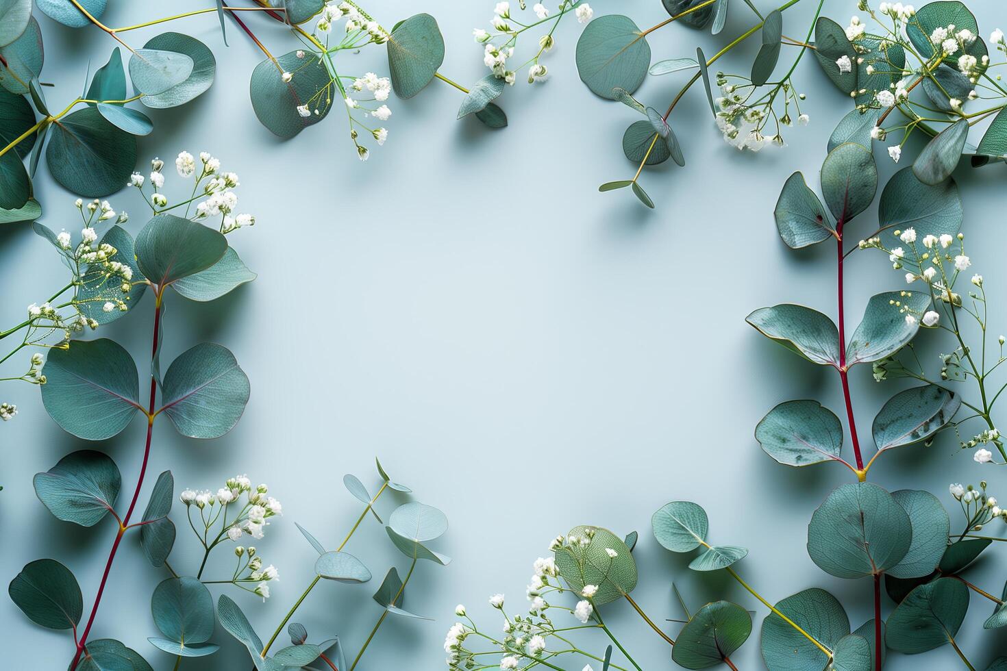 Eucalyptus leaves and flowers on blue background photo