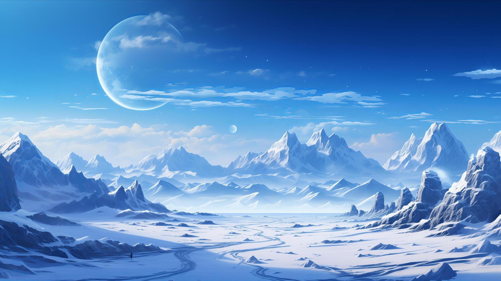 An alien landscape with mountains and snow photo