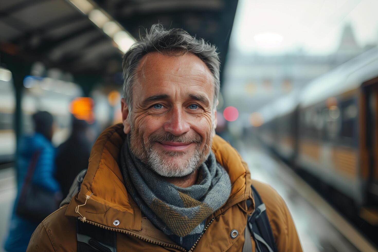 A man with a beard and scarf standing in front of a train photo