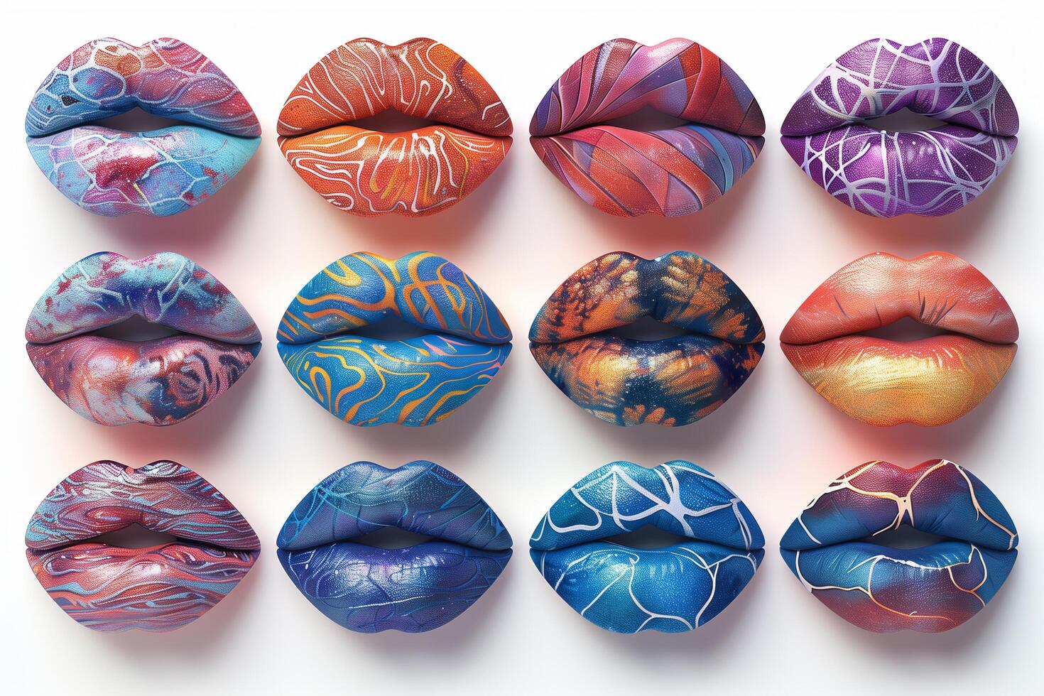 A group of colorful lips with different designs photo