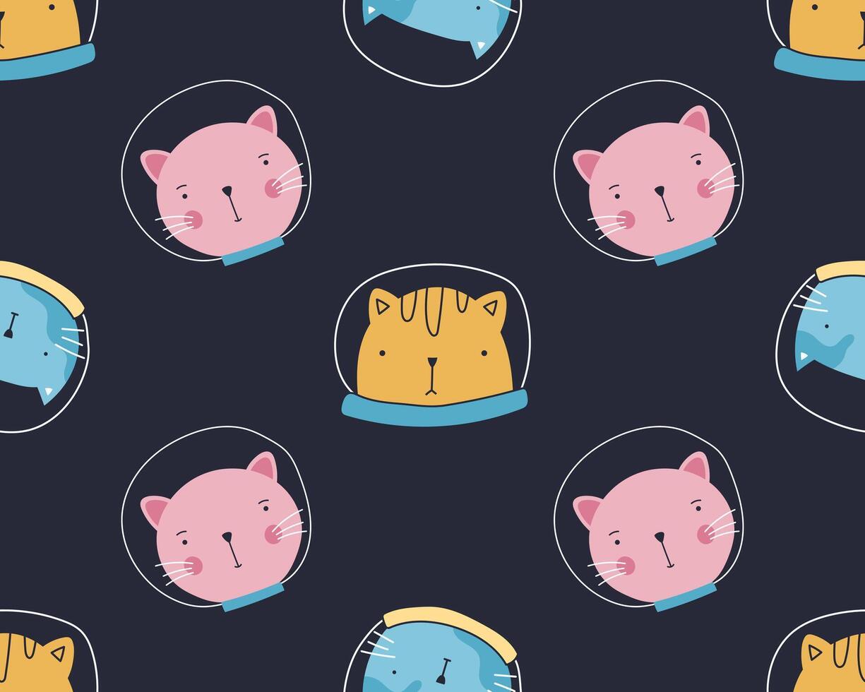 Cute cats exploring space in a spacesuit. Cosmic cats pattern. vector