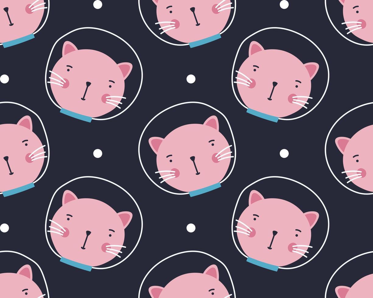 Seamles pattern with Galaxy cats. Cute pink cat exploring space in a spacesuit. Cosmic cats and dots pattern. vector