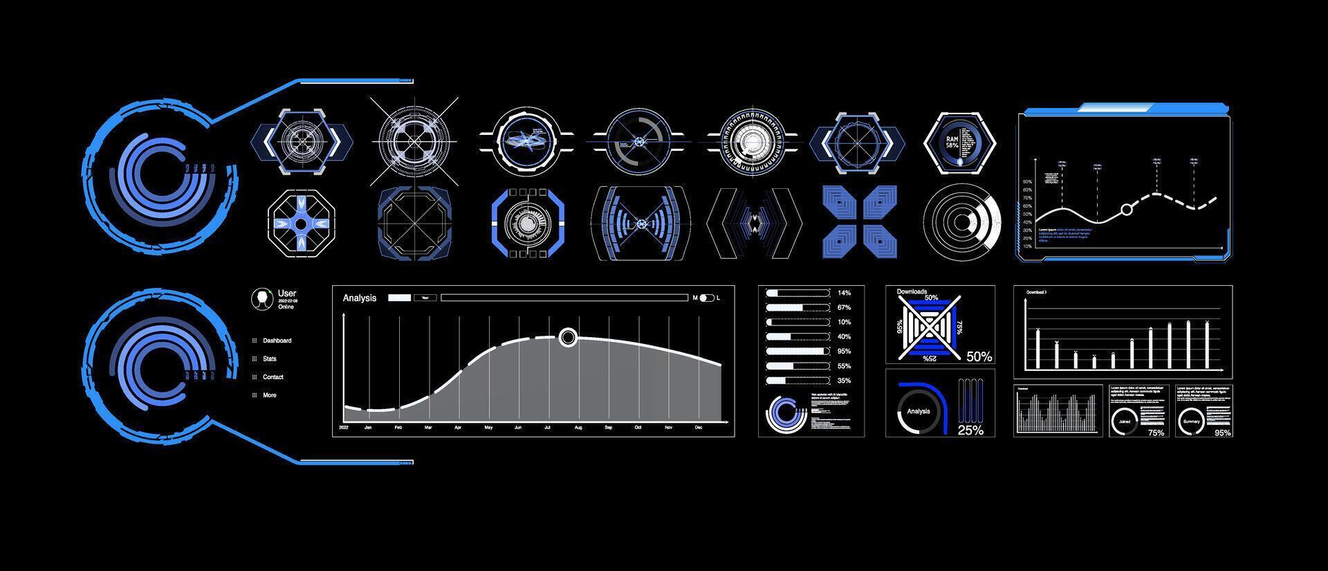 Detailed dashboard displaying analytical data with various graphs and icons for data visualization. vector