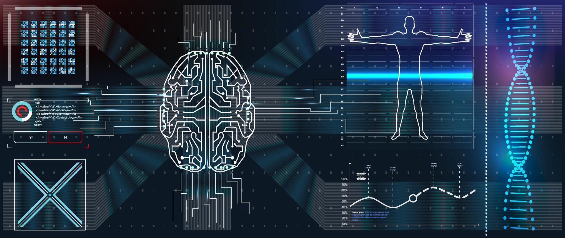 Technological integration of brain and body with digital patterns and visuals in a sleek design environment. vector