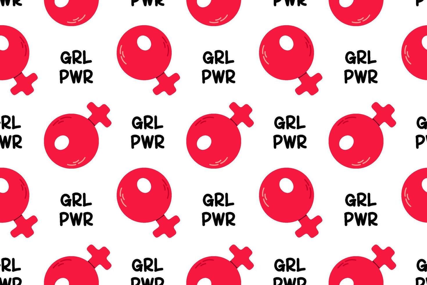 Pattern of feminist symbols and GRL PWR text, celebrating womens empowerment. Great for clothing, accessories, and digital backgrounds. vector