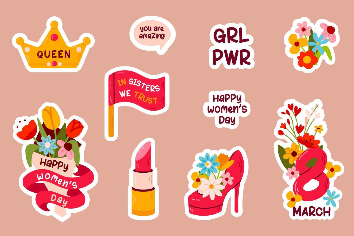 Set of stickers celebrating International Womens Day with flowers, crowns, and empowering phrases. Ideal for greeting cards, planners, and digital crafts. vector