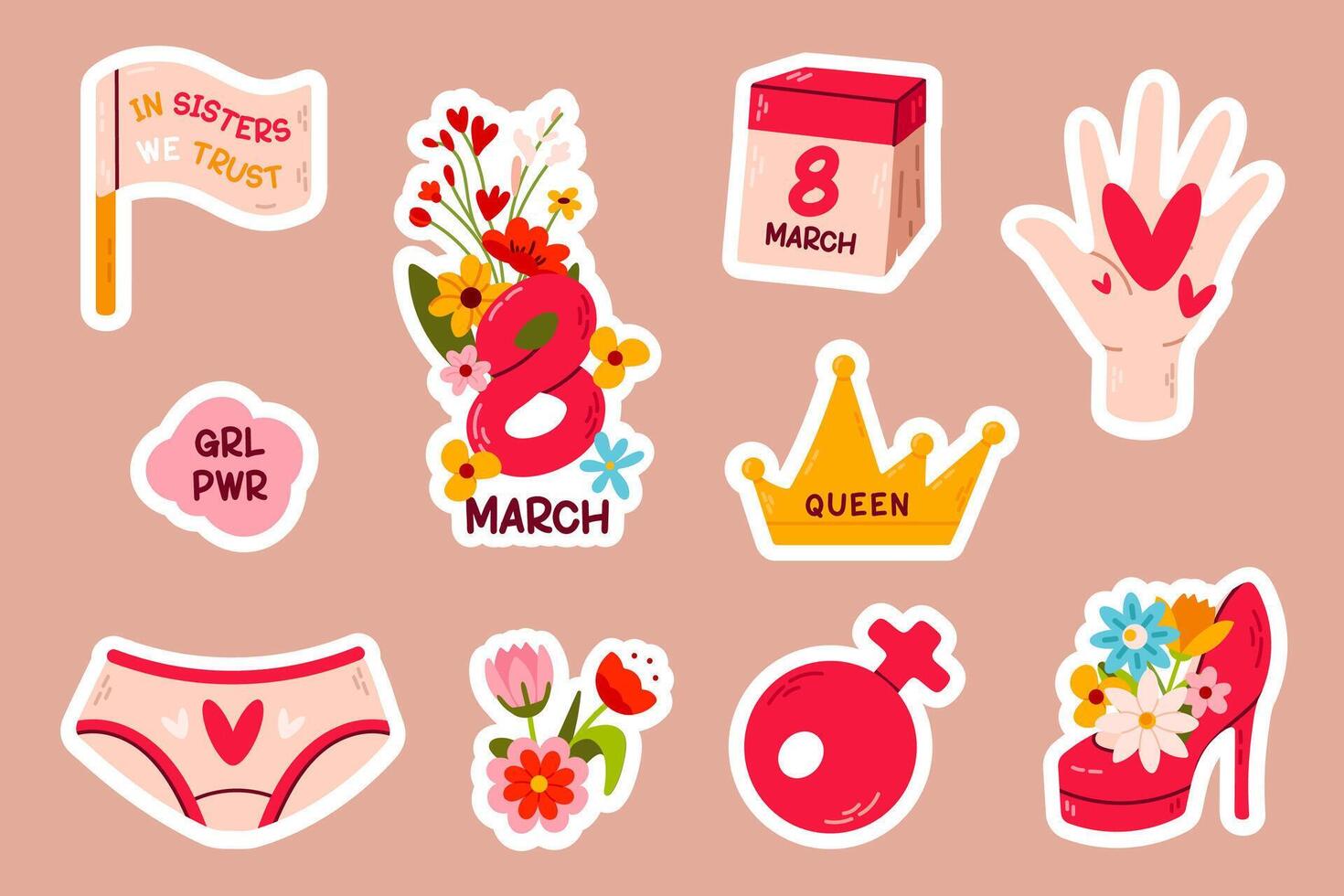 A vibrant set of feminist-themed stickers, featuring empowering symbols, slogans, and women's day elements. Ideal for digital designs, scrapbooking, and social media graphics. vector