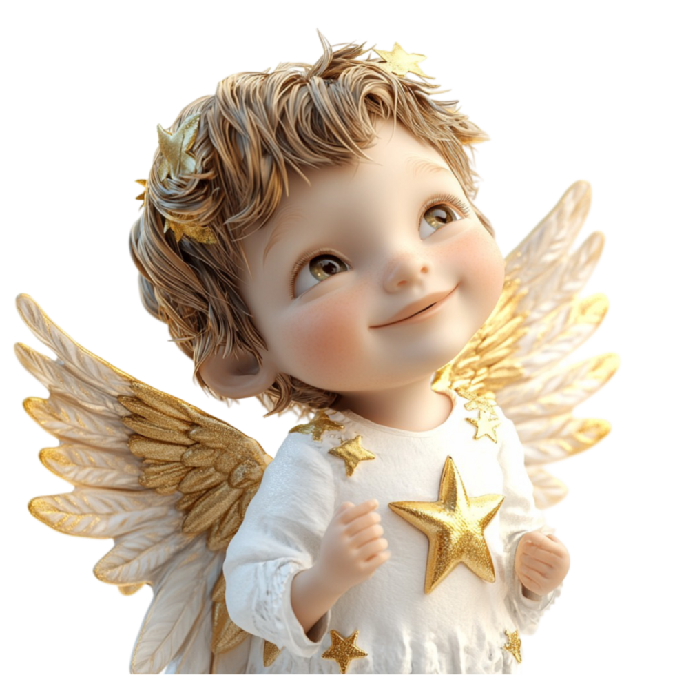 Smiling Angelic Child with Golden Wings and Soft Curls png