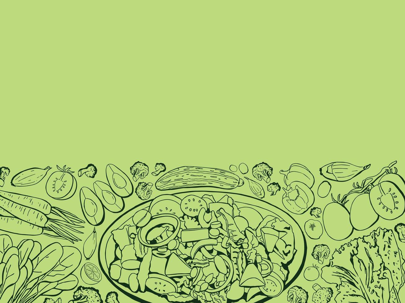Hand Drawn Vegetable Salad Background, Doodle Banner vector