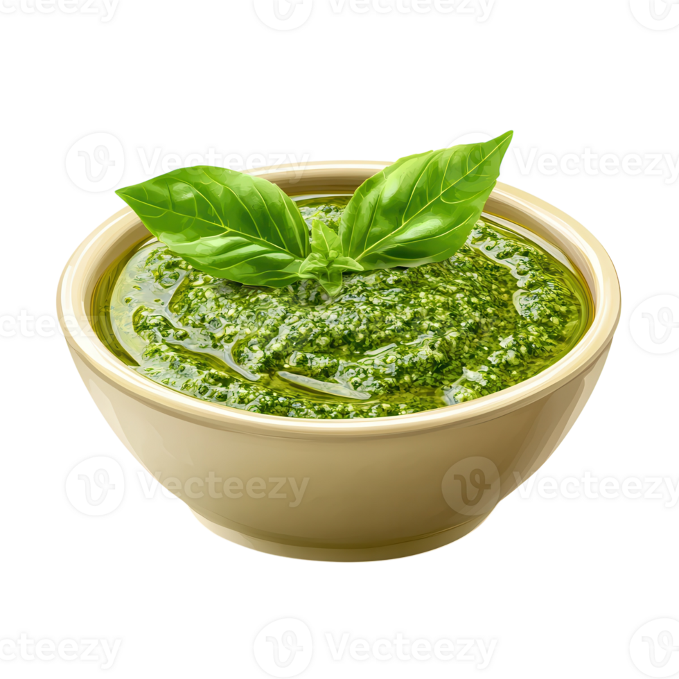 Pesto Sauce in White Bowl on transparent background. png