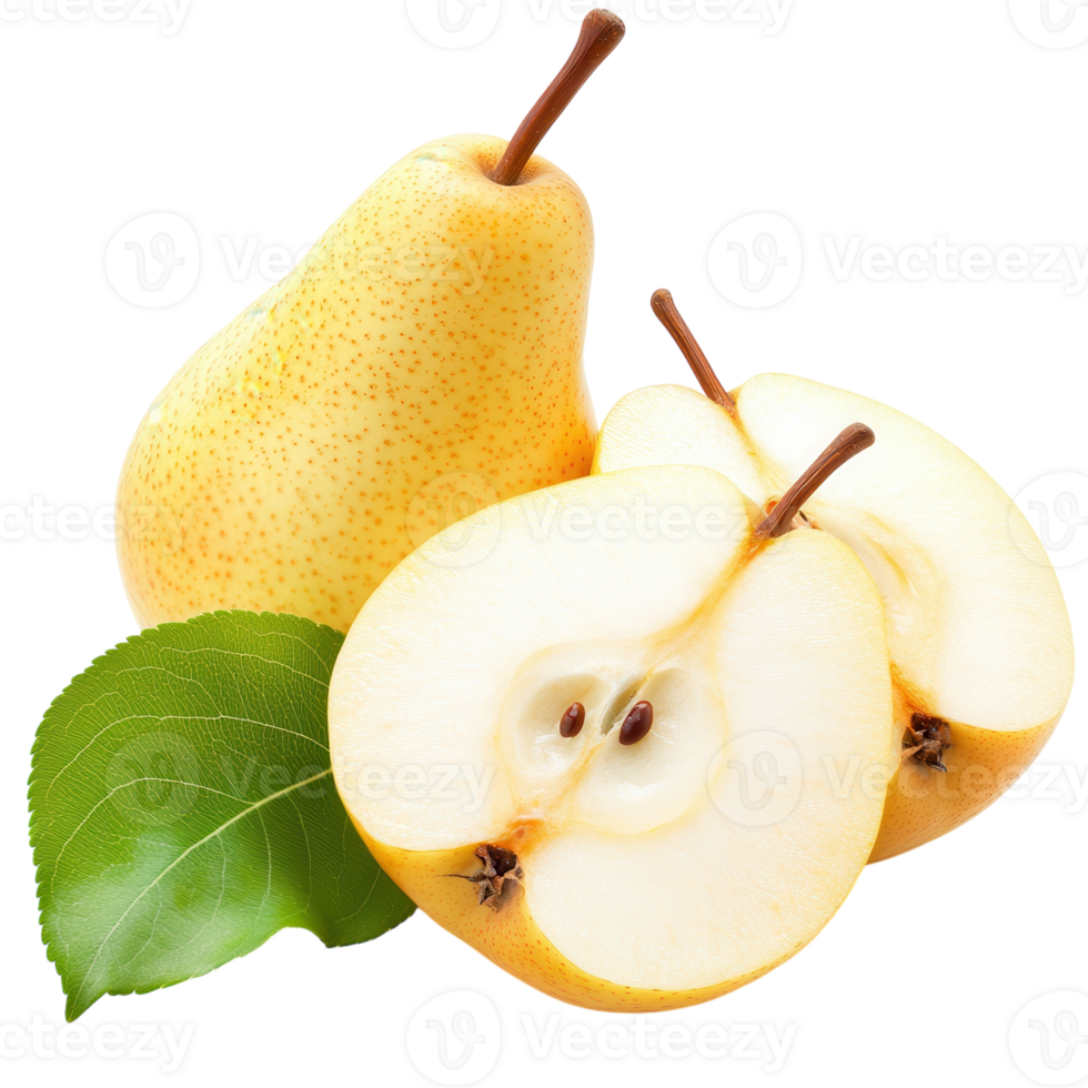 Juicy Yellow Pear with Leaf on transparent background. png