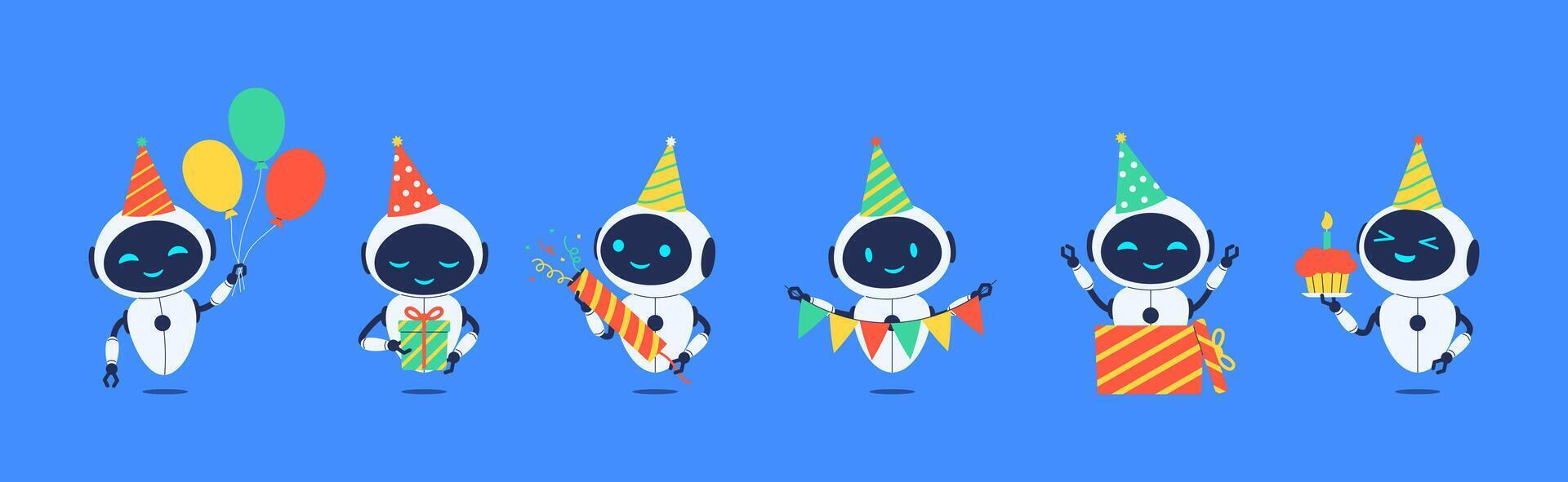 Smiling robots set for celebrating birthday with party elements. illustration for AI, celebration or tech themed designs vector