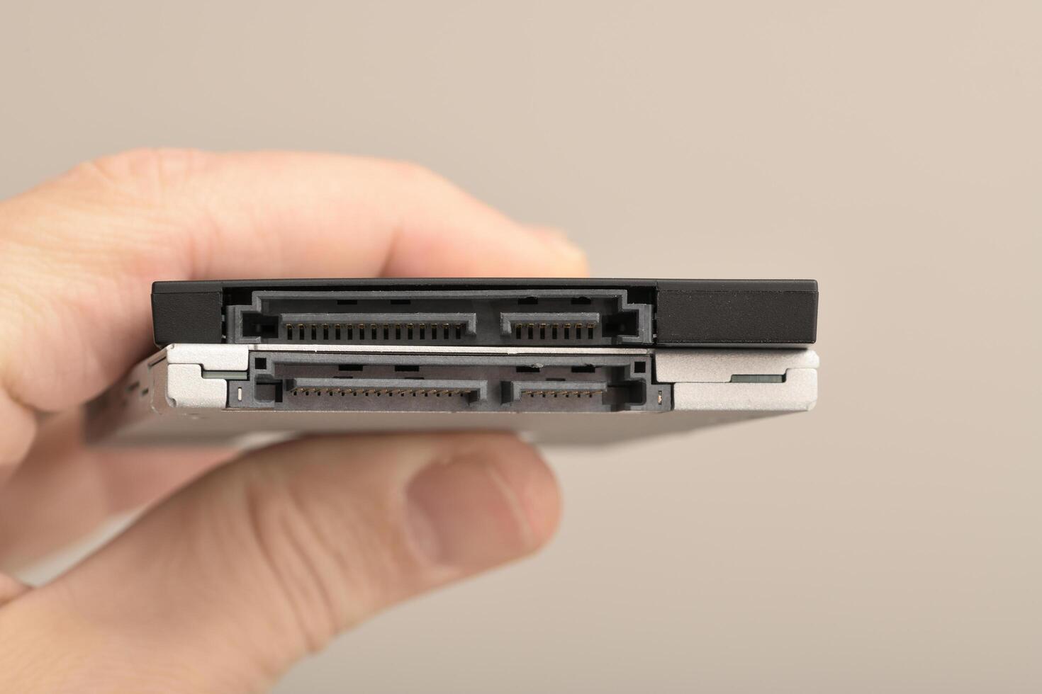Extreme macro photography of two SSD solid state drive disks photo