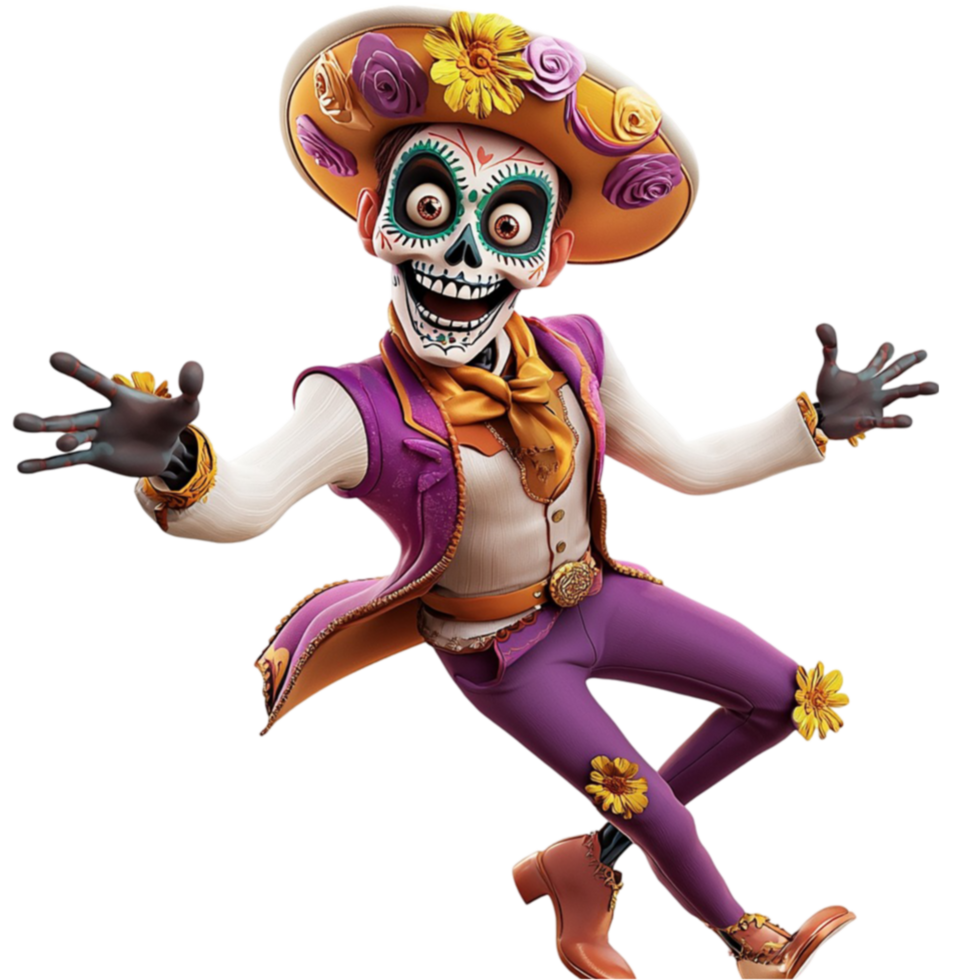 Festive skeleton dressed in colorful traditional attire dances with joyful energy png