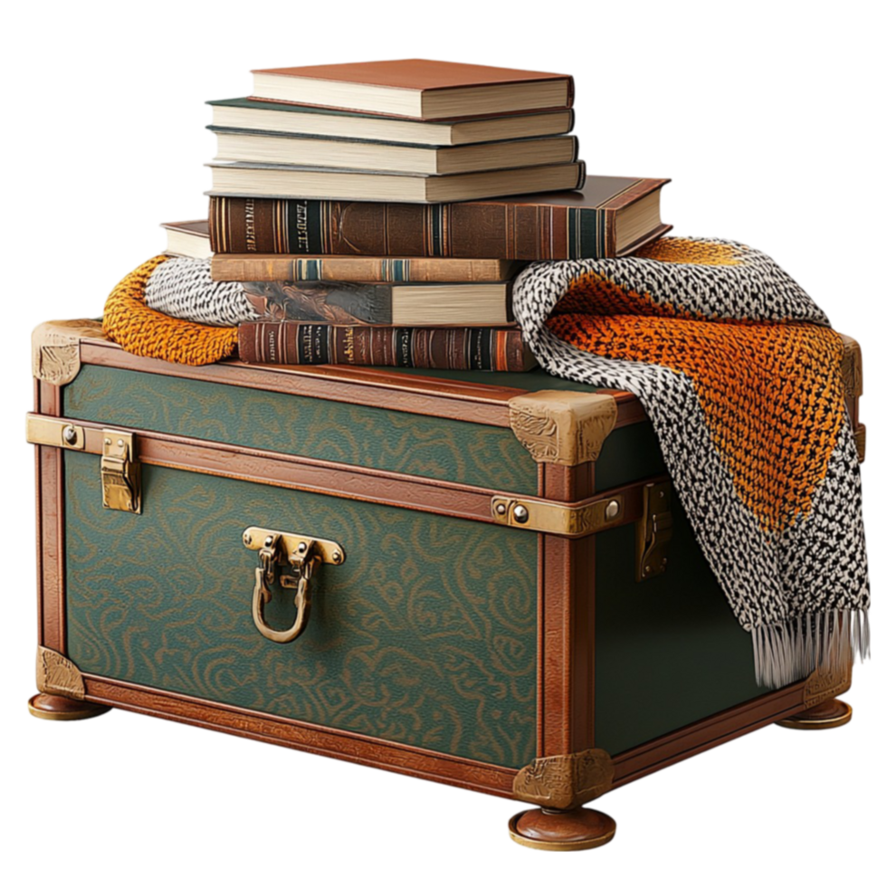 Vintage chest stacked with books and a cozy knitted blanket evokes a sense of nostalgia and warmth png