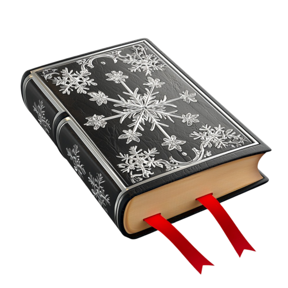 black book with intricate silver snowflake patterns and red bookmarks looks mysterious png