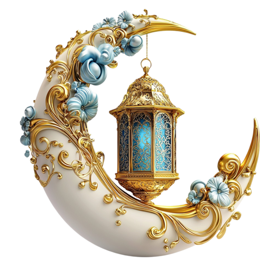 Crescent moon with an ornate golden lantern surrounded by delicate blue flowers shines beautifully png