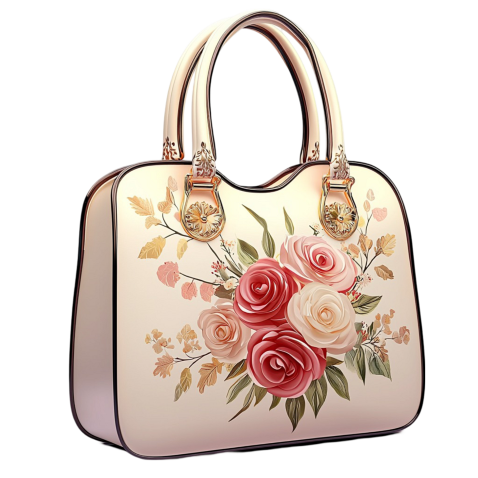 cream handbag decorated with delicate rose patterns radiates timeless elegance png