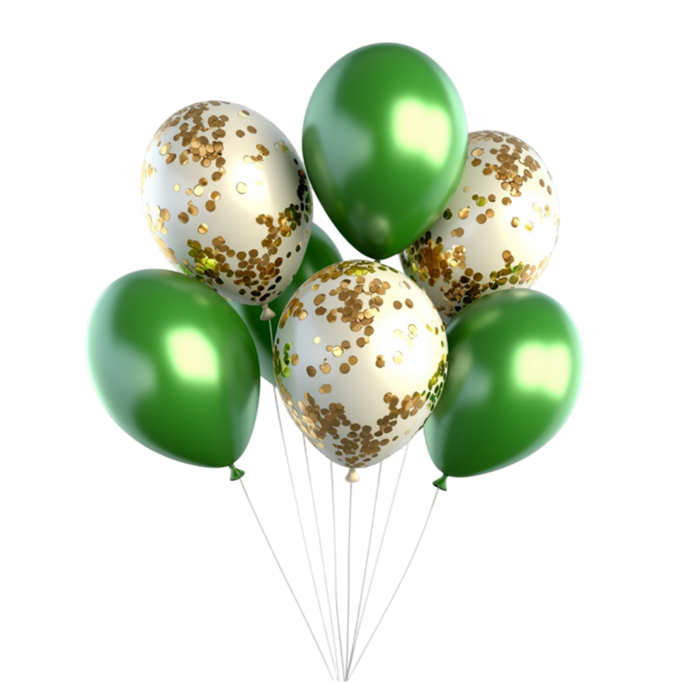 Bunch of shiny green and white balloons with golden confetti floats joyfully in the air png