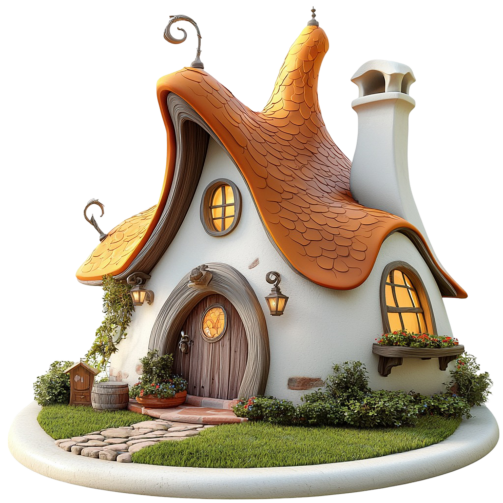 Enchanting fairytale cottage with a curved roof and tiny windows looks cozy and magical png