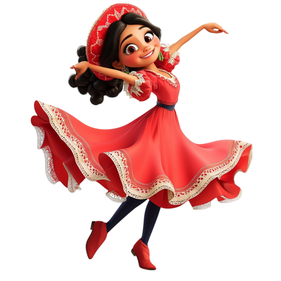 Graceful Spanish dancer twirls in a flowing red dress with expressive movements png