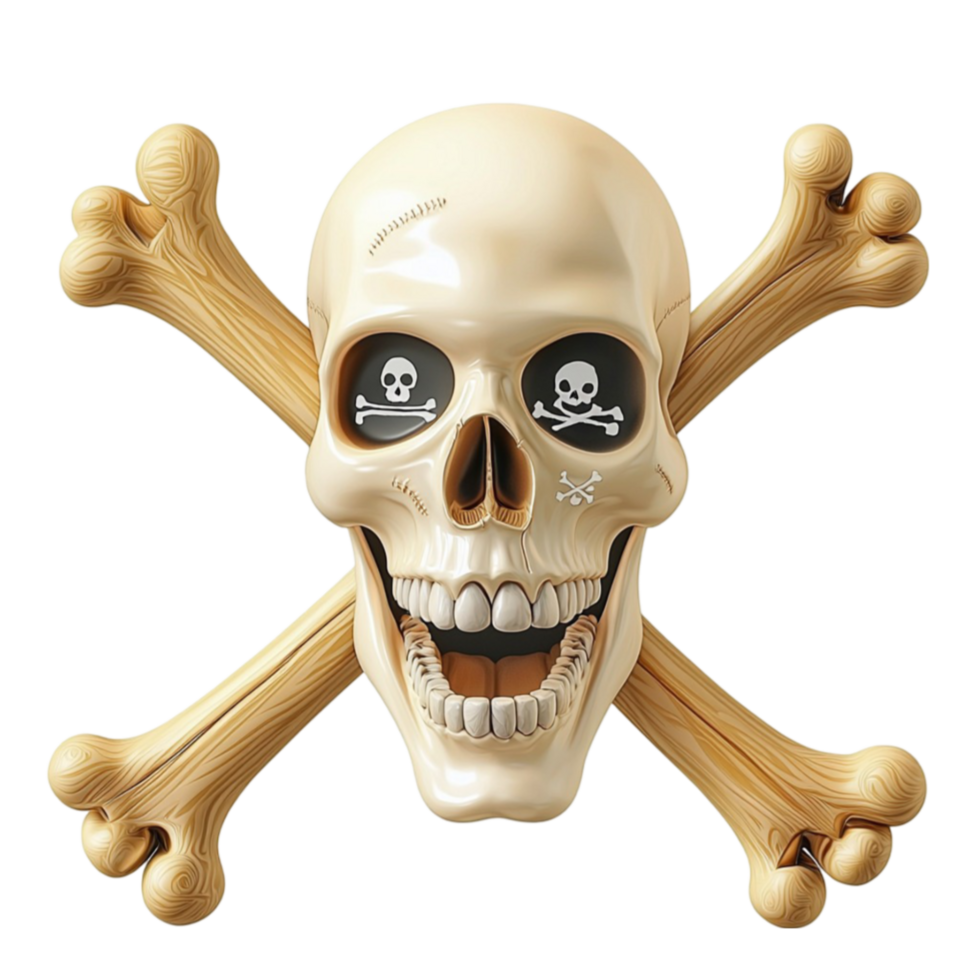 Skull and crossbones symbol with a grinning face exudes a piratethemed vibe png