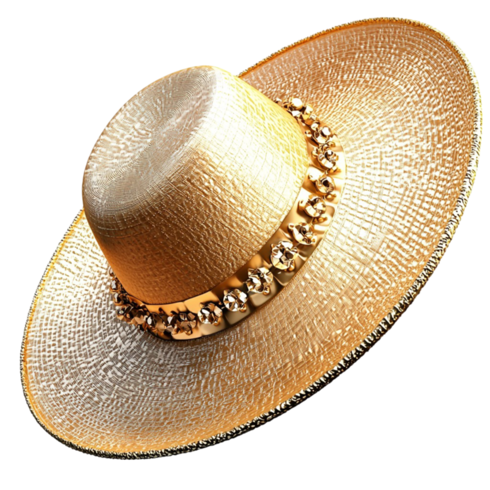 Widebrimmed straw hat with a golden ribbon glows under the sunlight png