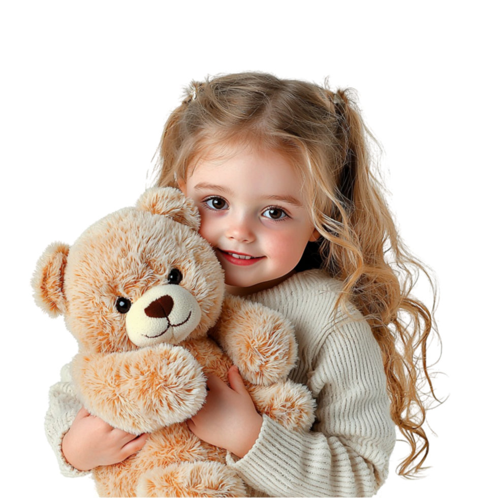 Smiling little girl hugs a teddy bear with joy and warmth png