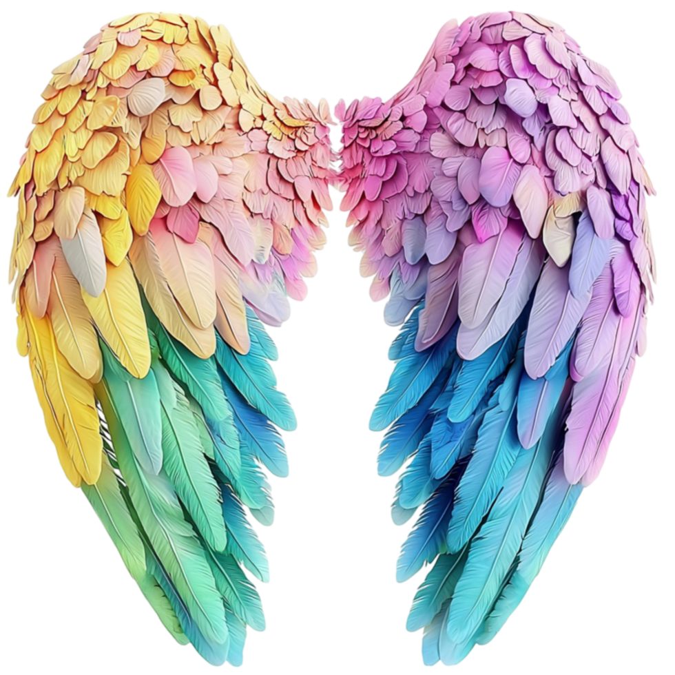 Vibrant angel wings in rainbow colors spread gracefully with feathers png