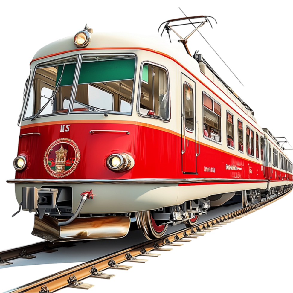 red tram moving on tracks with a vintage and design png