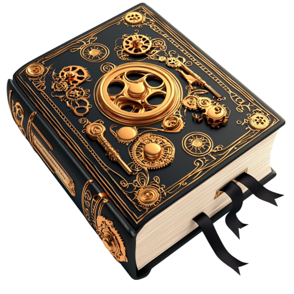 Ornate black and gold book with intricate metallic details and a mysterious lock png