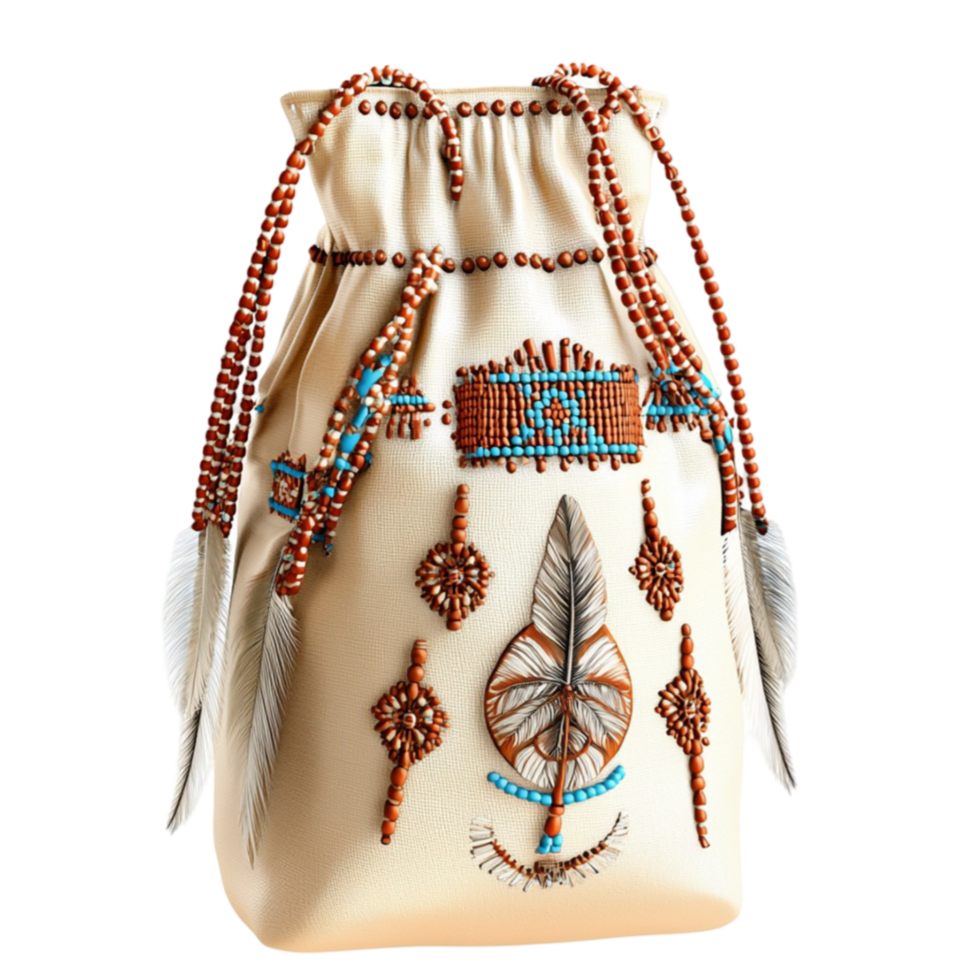 Traditional pouch with intricate beadwork and feather details hangs ly png