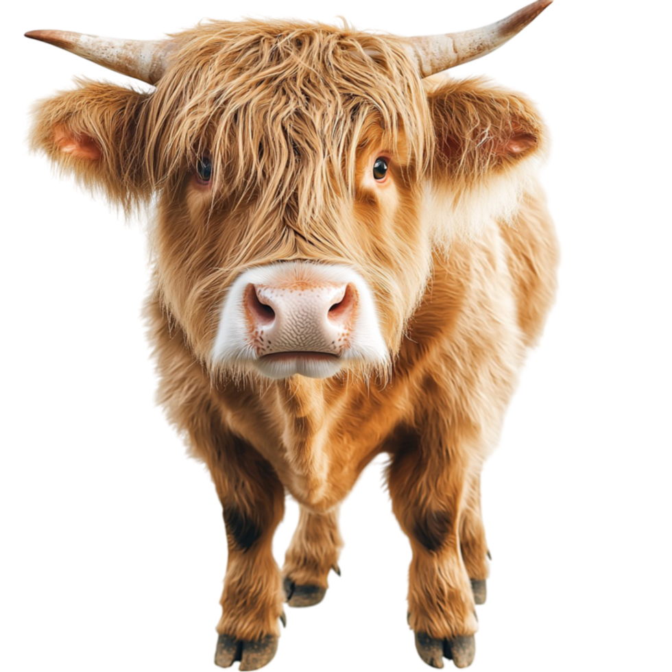 Fluffy Highland cow with long curved horns gazes with a gentle expression png