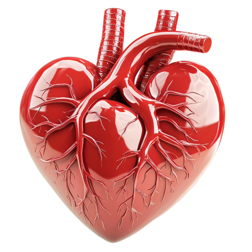 A realistic anatomical heart made of shiny red material appears glossy and reflective png