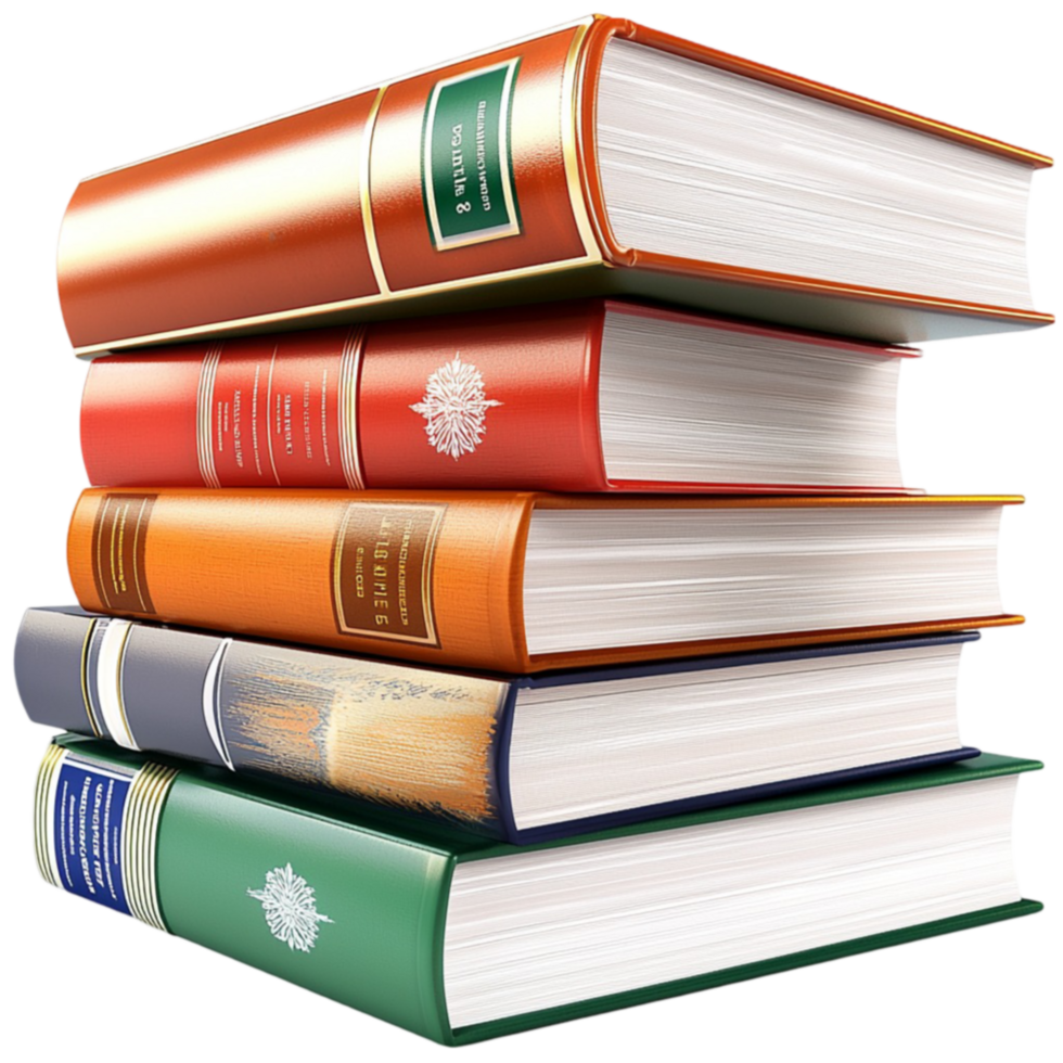 A neatly stacked pile of hardcover books with colorful spines is arranged in perfect balance png