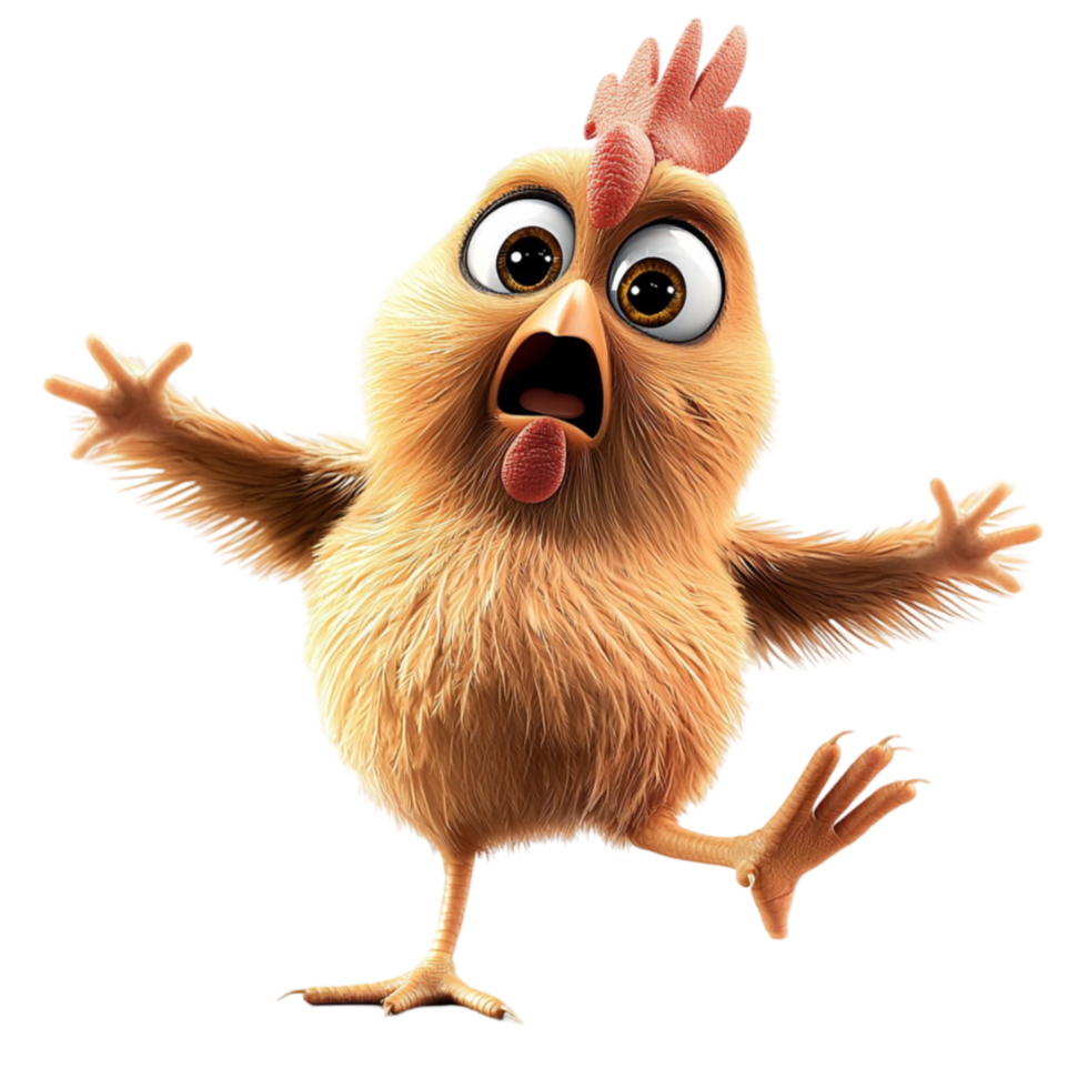 A surprised cartoon chicken with wide eyes and open wings expresses shock and excitement png