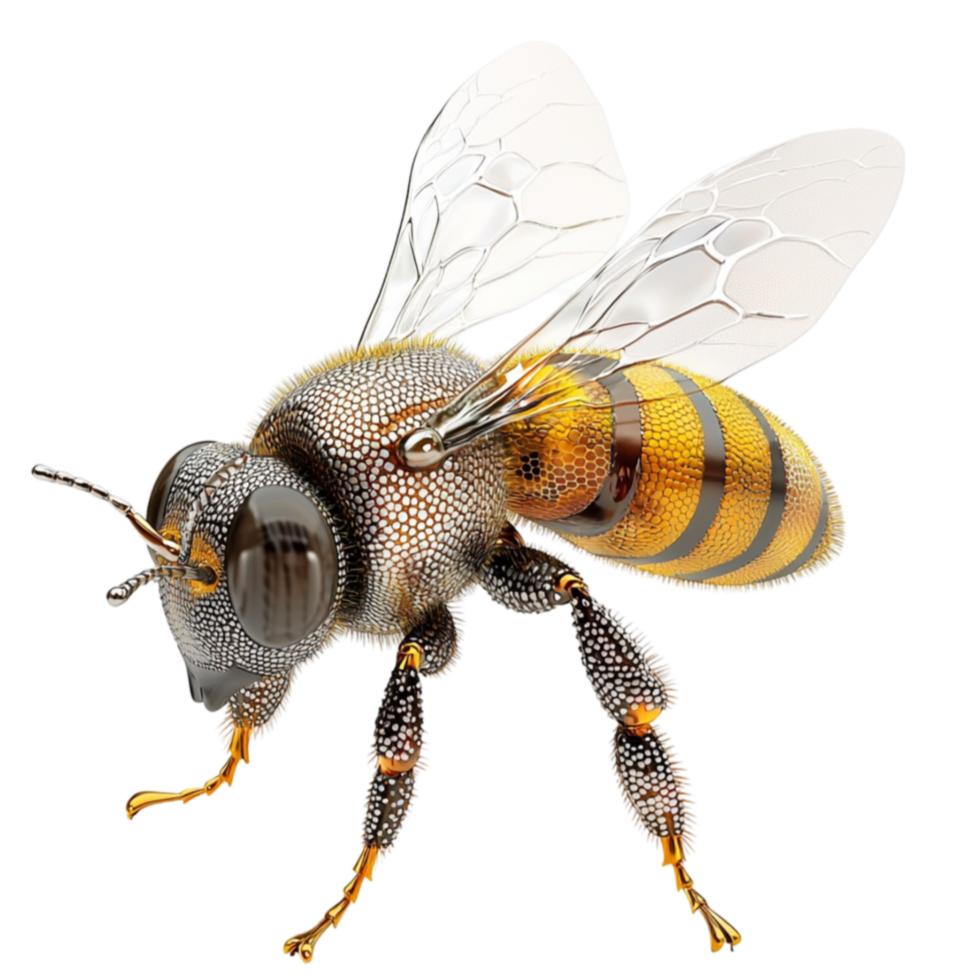 A realistic honeybee with translucent wings and fuzzy details hovers in midair with precision png