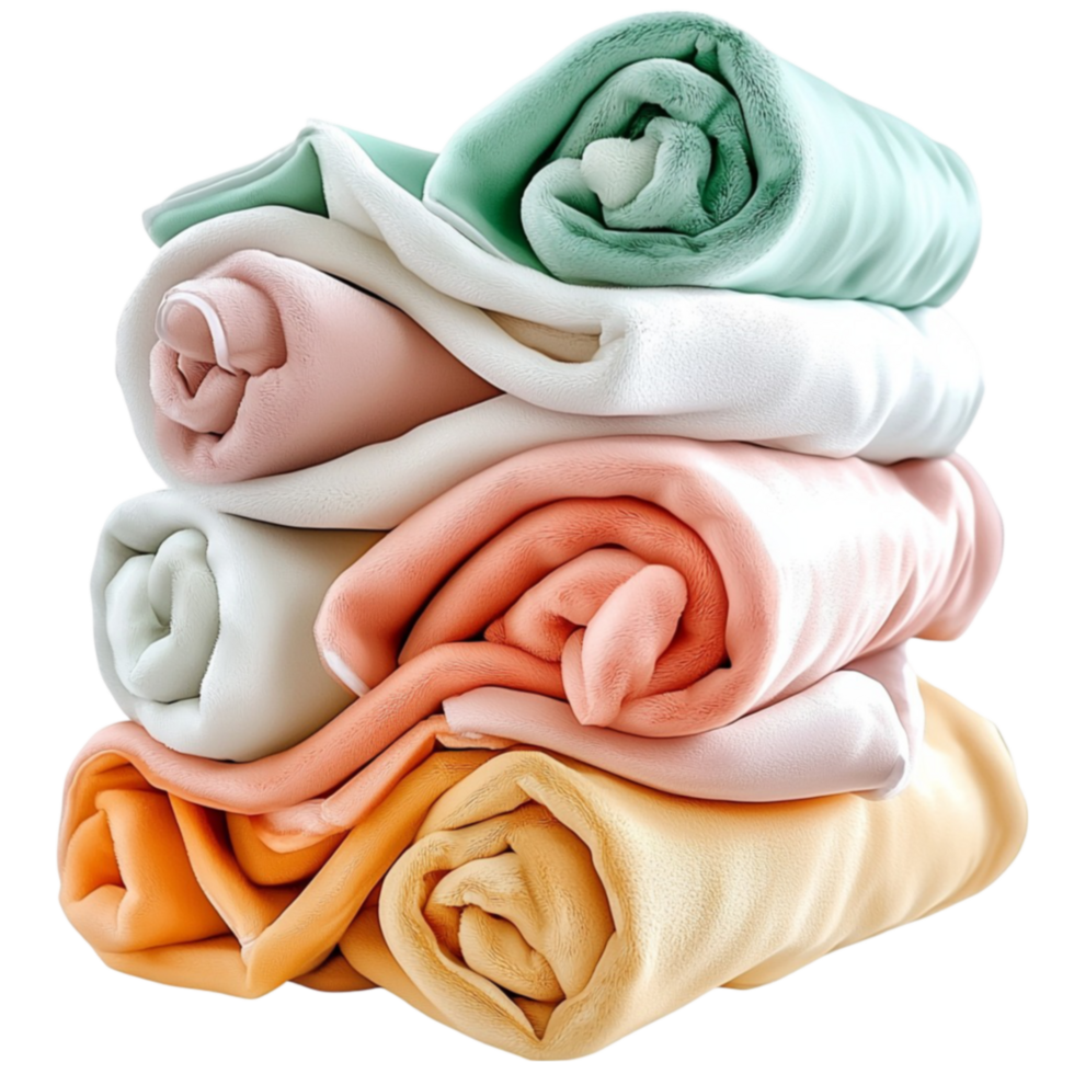 A neatly folded stack of pastel blankets is arranged in a cozy and inviting manner png