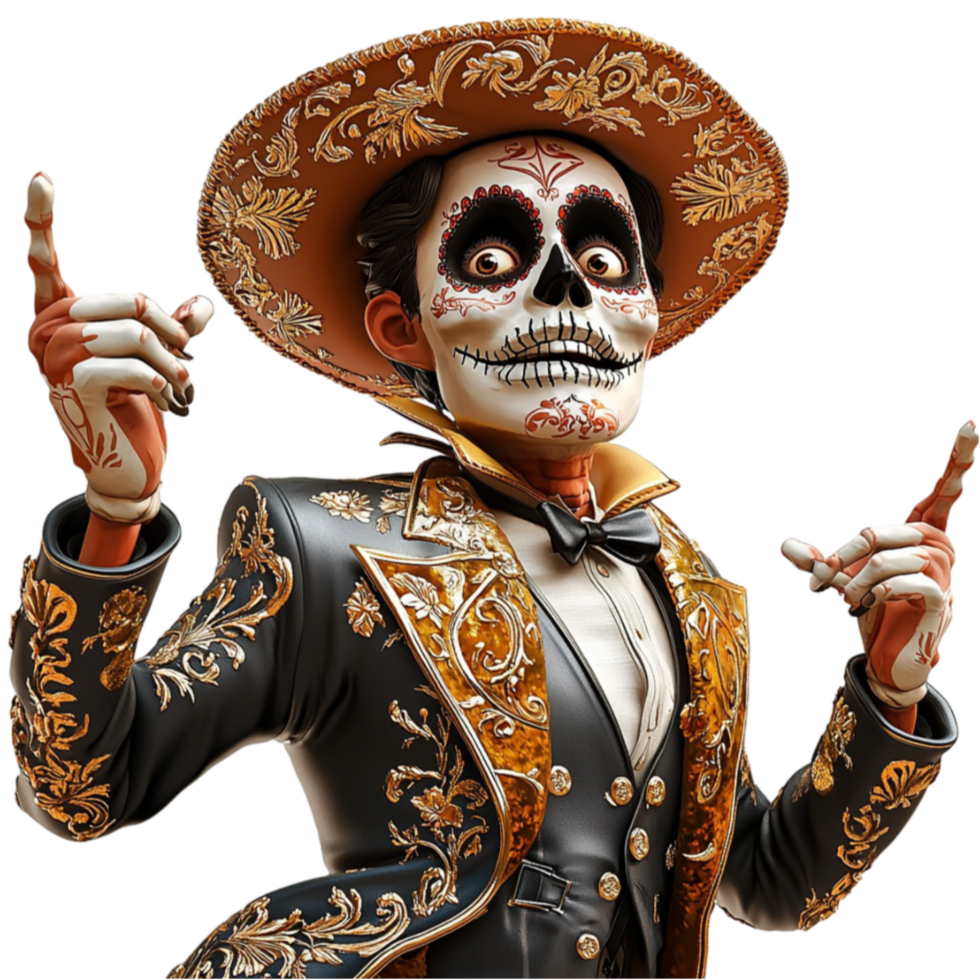 A mariachi skeleton dressed in a black and gold embroidered suit poses with charisma and charm png