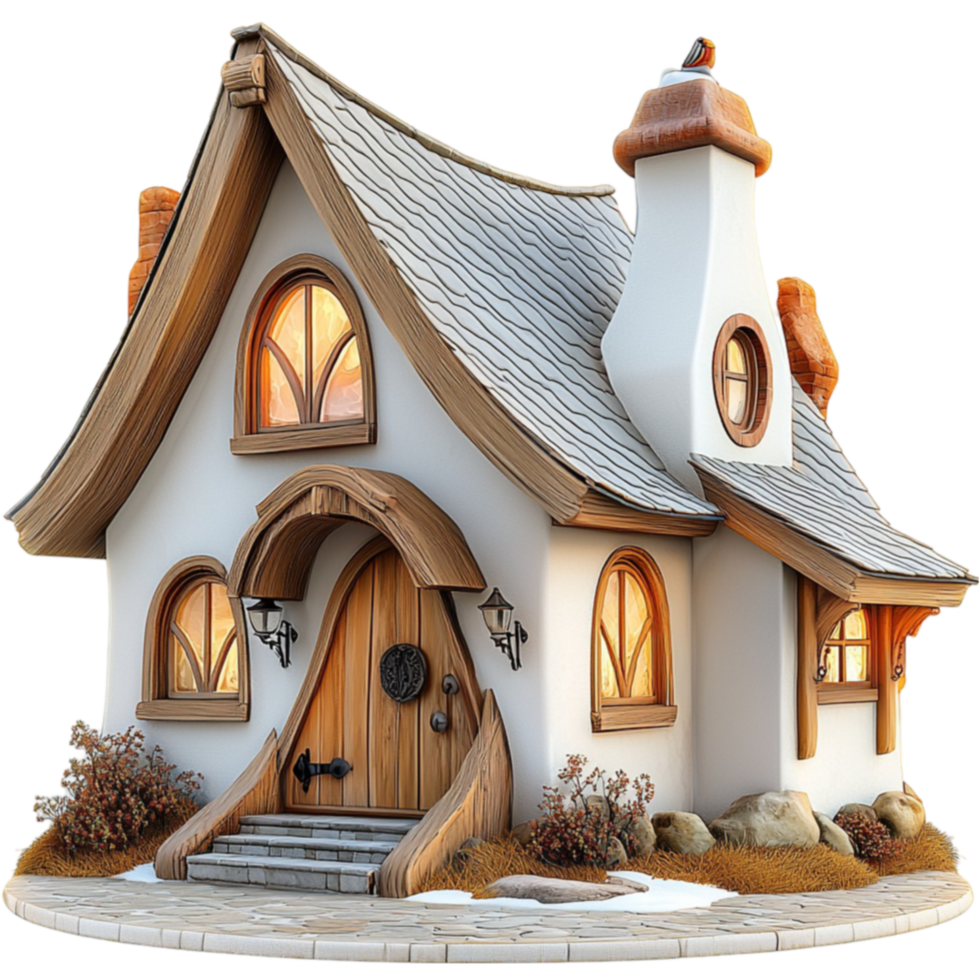 Fairytale cottage with a whimsical roof and glowing windows sits in a peaceful setting png