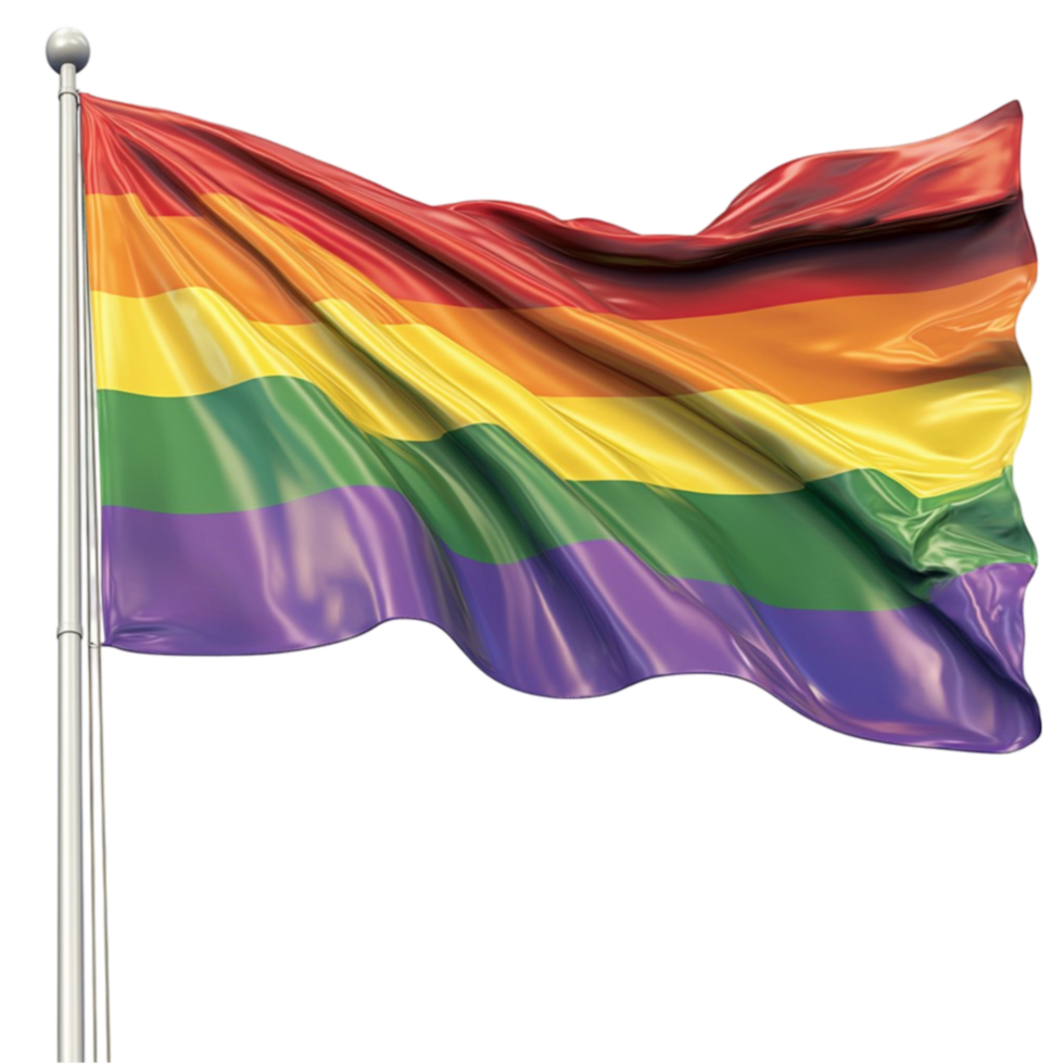 A vibrant rainbow flag waves proudly on a silver pole against a sky png